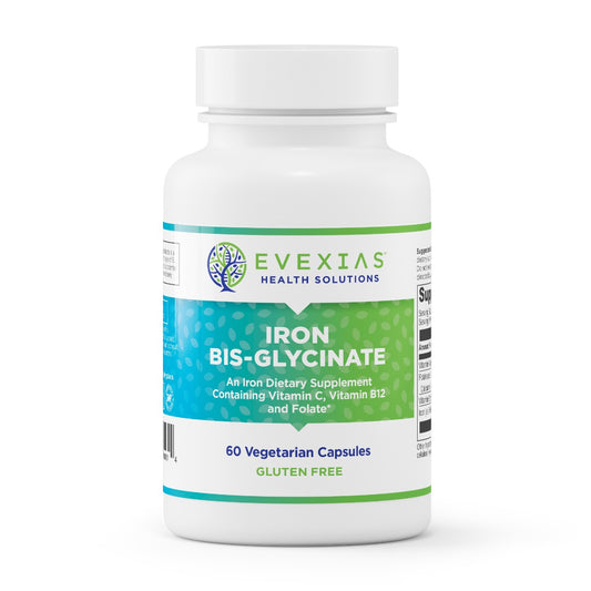 Evexias Iron Bis-Glycinate supplement with vitamin C, B12 and folate, 60 capsules
